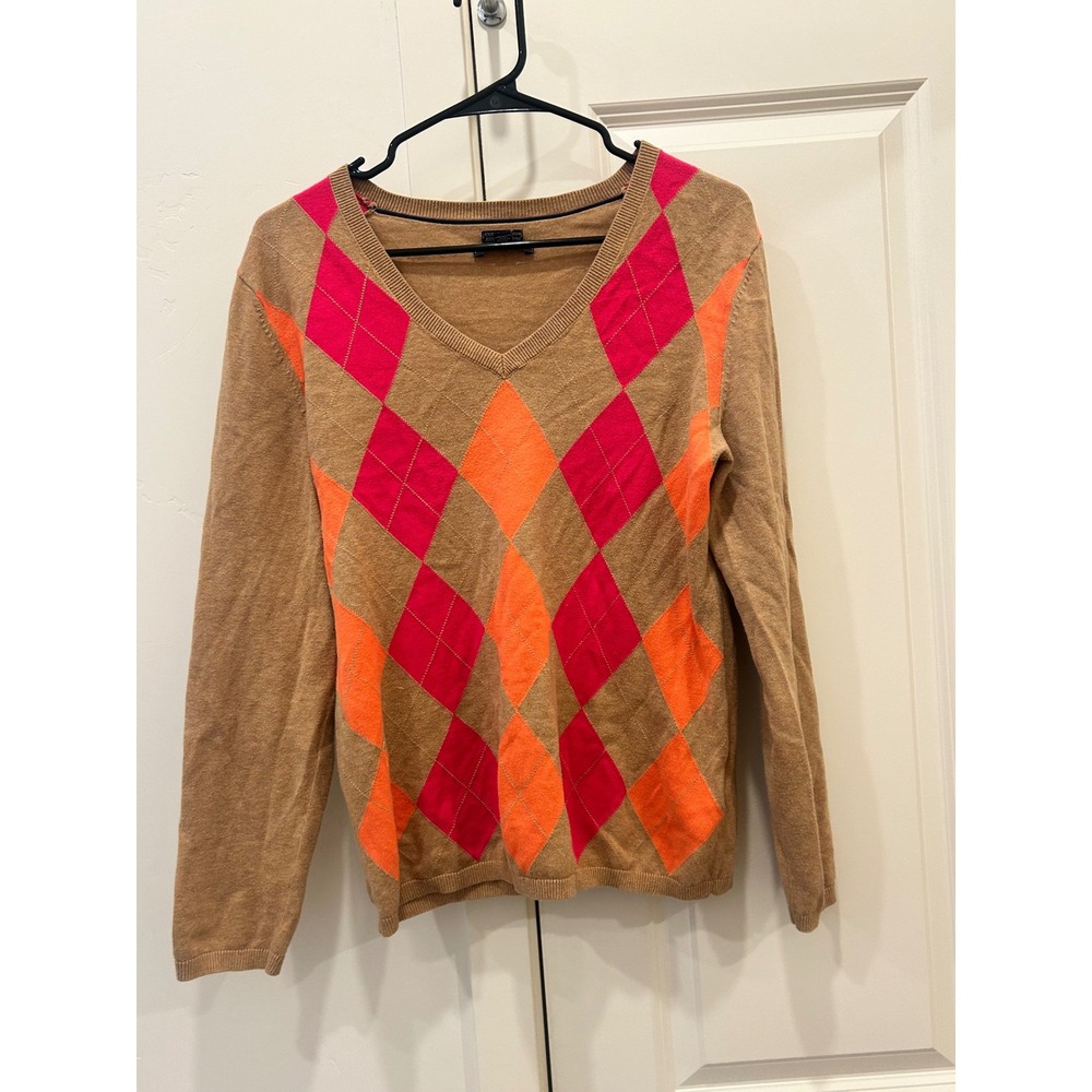Tommy Hilfiger Women's Argyle Sweater V-Neck Long Sleeve Tan Orange Pink L